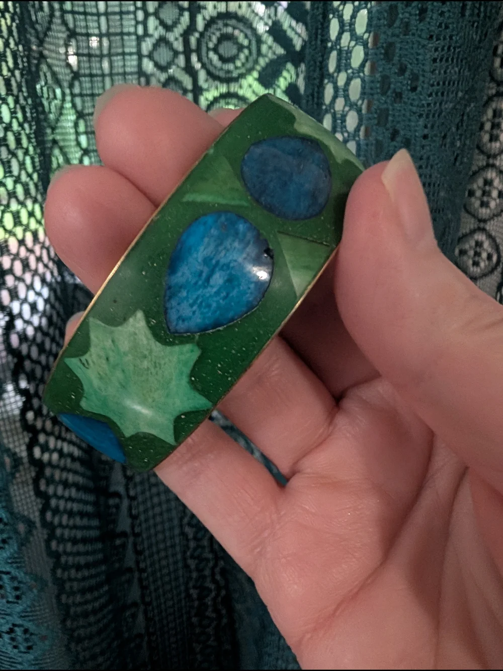 Green and Blue Inlaid Leaf Bangle Enamel Over Brass